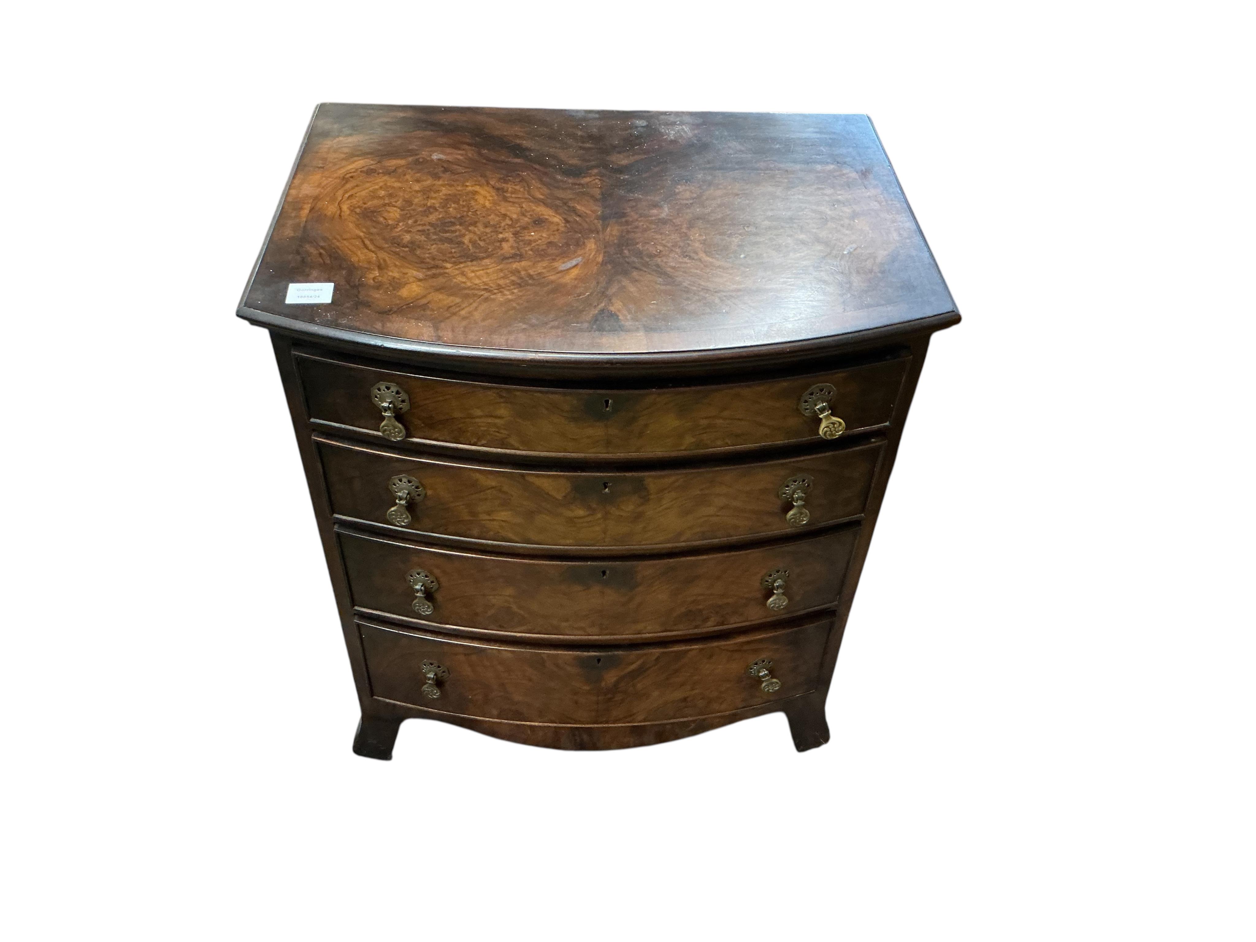 A small Queen Anne Revival walnut bowfront chest, width 68cm, depth 50cm, height 76cm